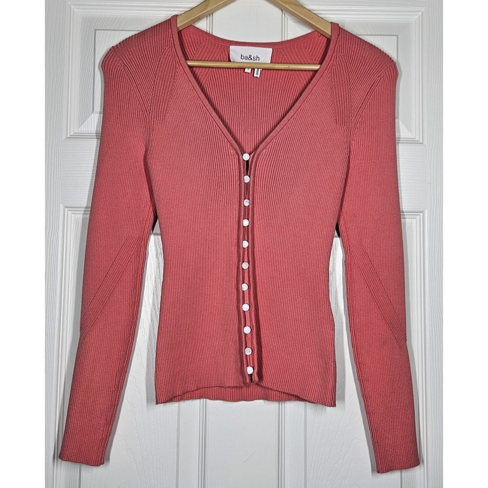 BA&SH Wilam Ribbed Knit Fitted Front Button Closure Cardigan Pink S Quiet Luxury